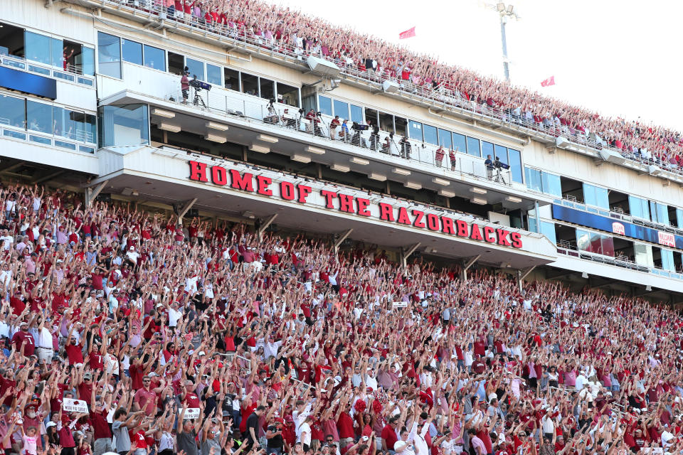 Sep 9, 2023; Fayetteville, Arkansas, USA; Arkansas Razorbacks fans celebrate after a touchdown in the third quarter against the Kent State Golden Flashes at Donald W. Reynolds Razorback Stadium. Arkansas won 28-6. Mandatory Credit: Nelson Chenault-USA TODAY Sports