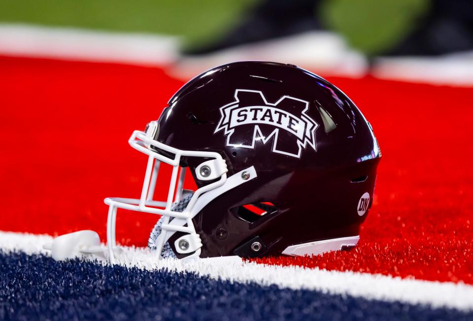 Sep 10, 2022; Tucson, Arizona, USA; Detailed view of a Mississippi State Bulldogs helmet at Arizona Stadium. Mark J. Rebilas-USA TODAY Sports