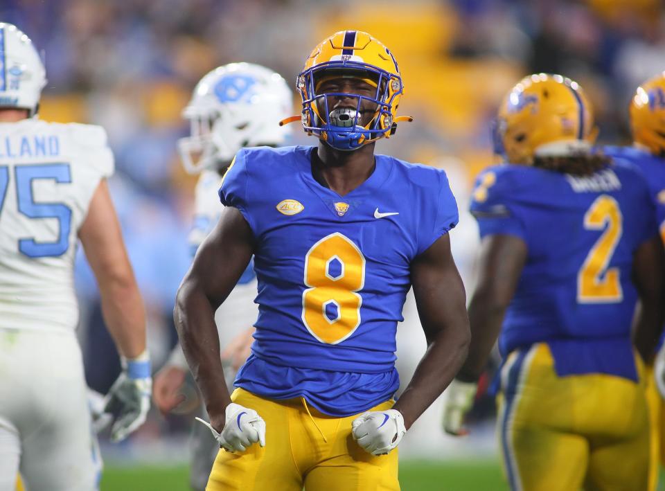 Pittsburgh Panthers Samuel Okunlola (8) reacts after sacking North Carolina Tar Heels Drake Maye during the first half at Acrisure Stadium in Pittsburgh, PA on September 23, 2023.