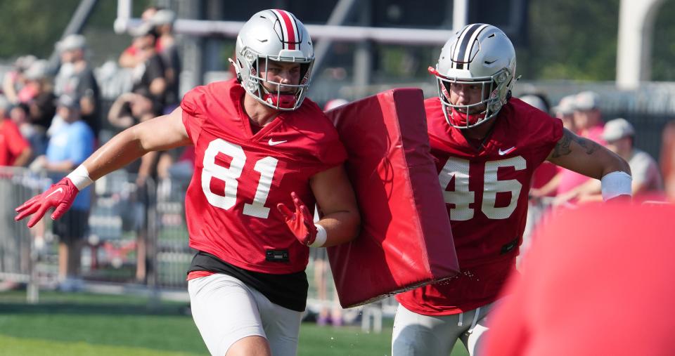 Aug 3, 2023; Columbus, OH, USA; Sam Hart (81) and Jace Middleton (46) compete during the first football practice of the 2023 season at the Woody Hayes Athletic Center. Mandatory Credit: Doral Chenoweth-The Columbus Dispatch