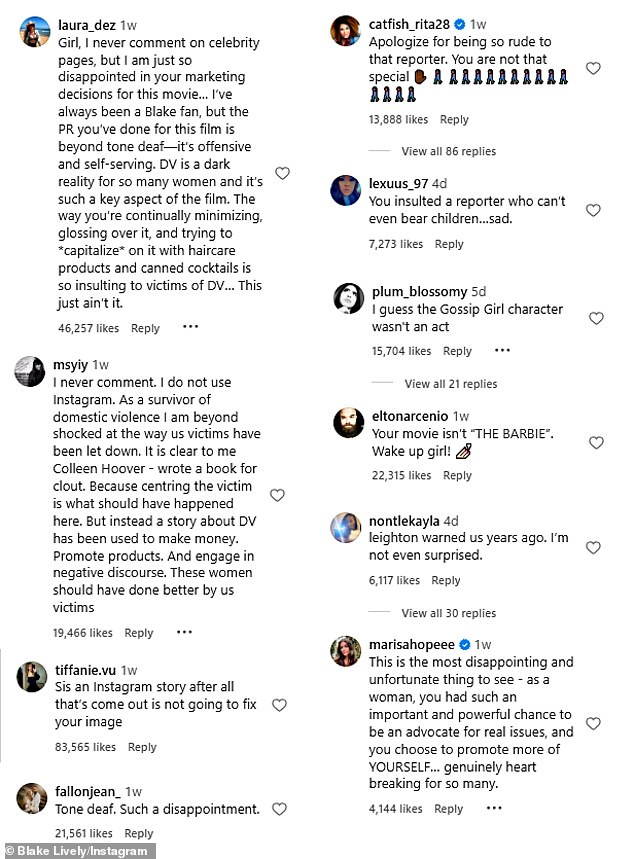 One look at the comments of Blake's most recent Instagram post on August 8 reveals the substantial outrage fans have felt over her treatment of journalists, sarcastically answering questions about domestic violence in her movie, and floral-filled Barbie-style promotion directly tied to her haircare and booze brands