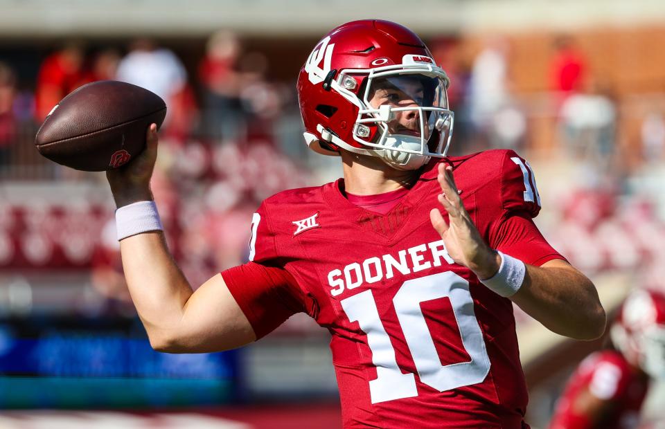 Sep 2, 2023; Norman, Oklahoma, USA; Oklahoma Sooners quarterback Jackson Arnold (10) warms up before the game against the Arkansas State Red Wolves at Gaylord Family-Oklahoma Memorial Stadium. Mandatory Credit: Kevin Jairaj-USA TODAY Sports