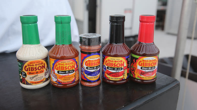 Display of Big Bob Gibson Bar-B-Q sauce bottles