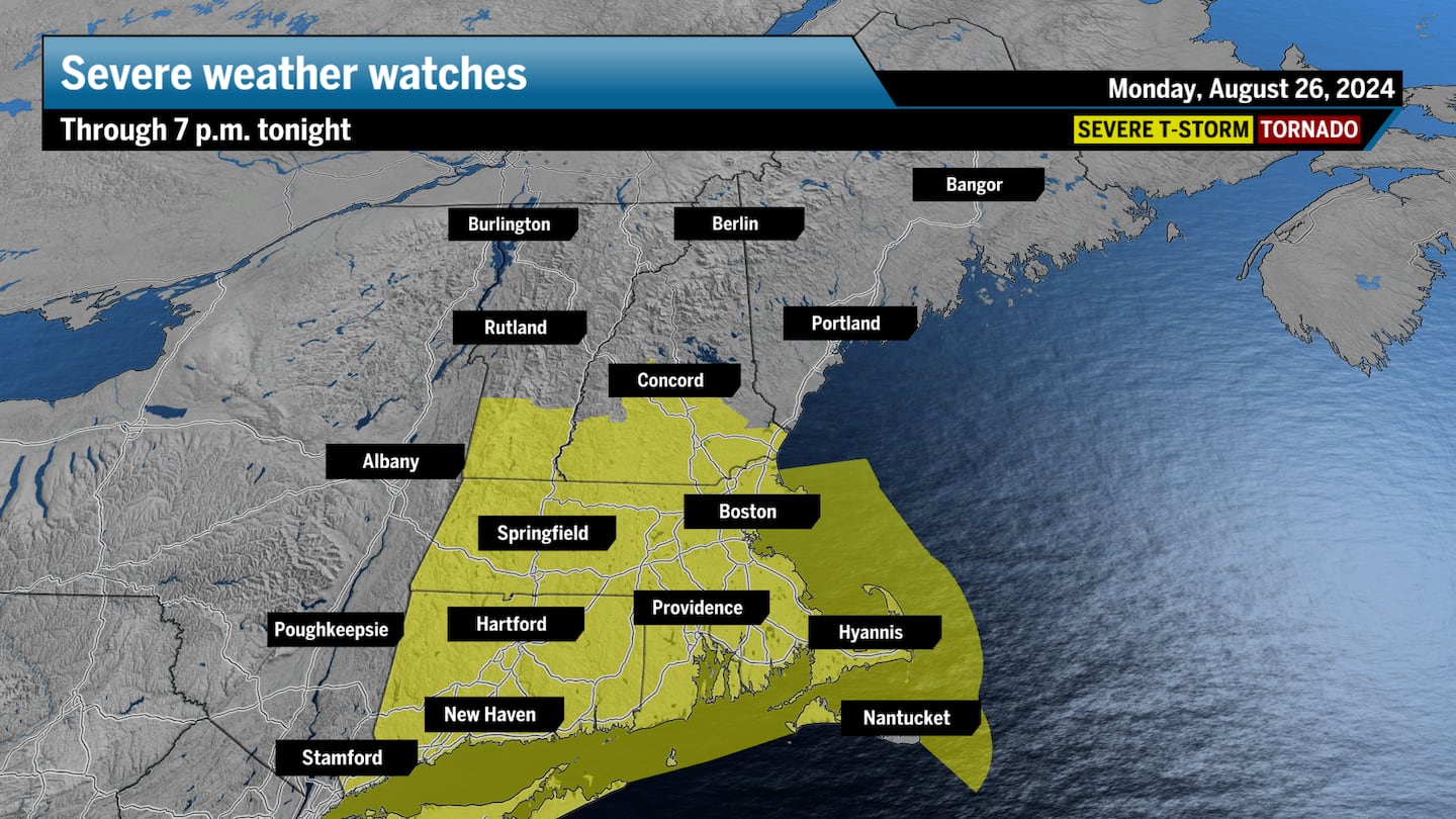 A severe thunderstorm watch is in place through 7 p.m. for southern New England. Expect scattered storms to pack damaging wind gusts, large hail, and heavy downpours.