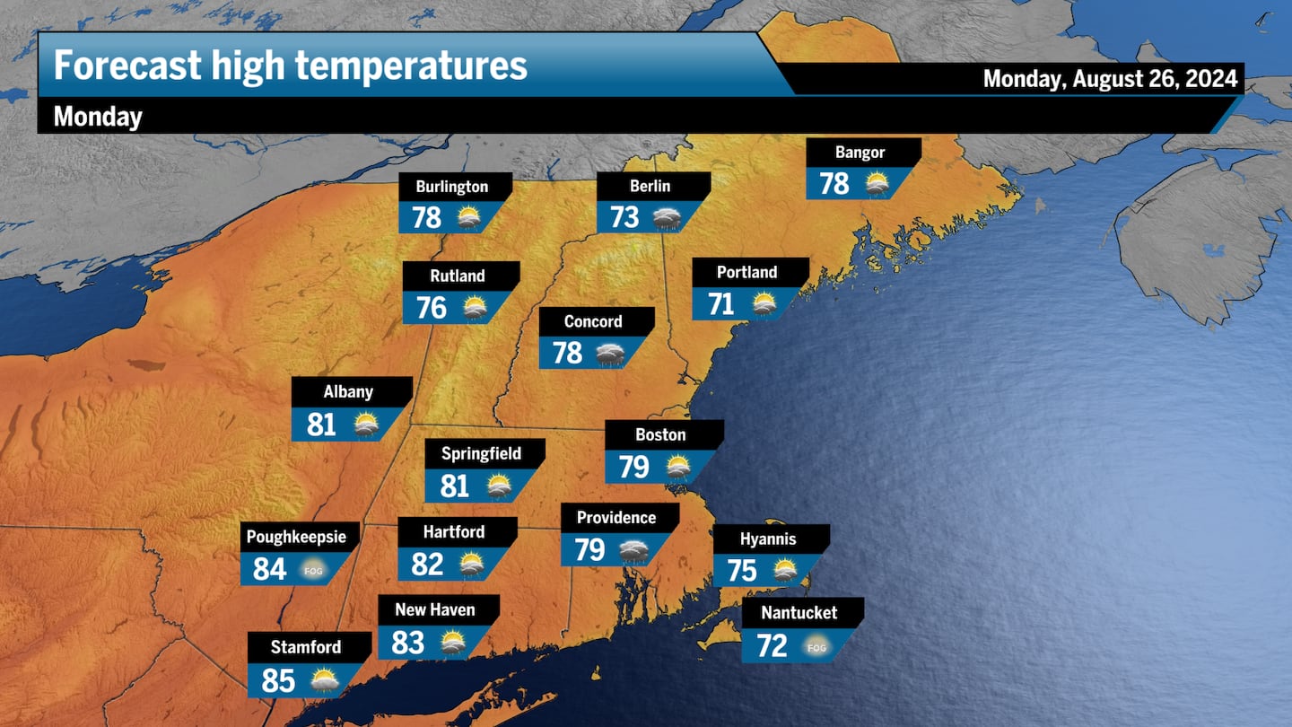 Monday's forecast highs across New England.