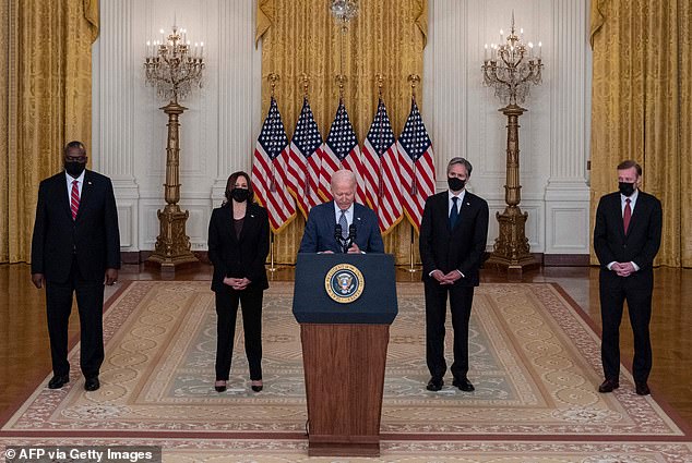 US President Joe Biden (C), with (L-R) Defense Secretary Lloyd Austin, Vice President Kamala Harris, Secretary of State Antony Blinken, and National Security Adviser Jake Sullivan,