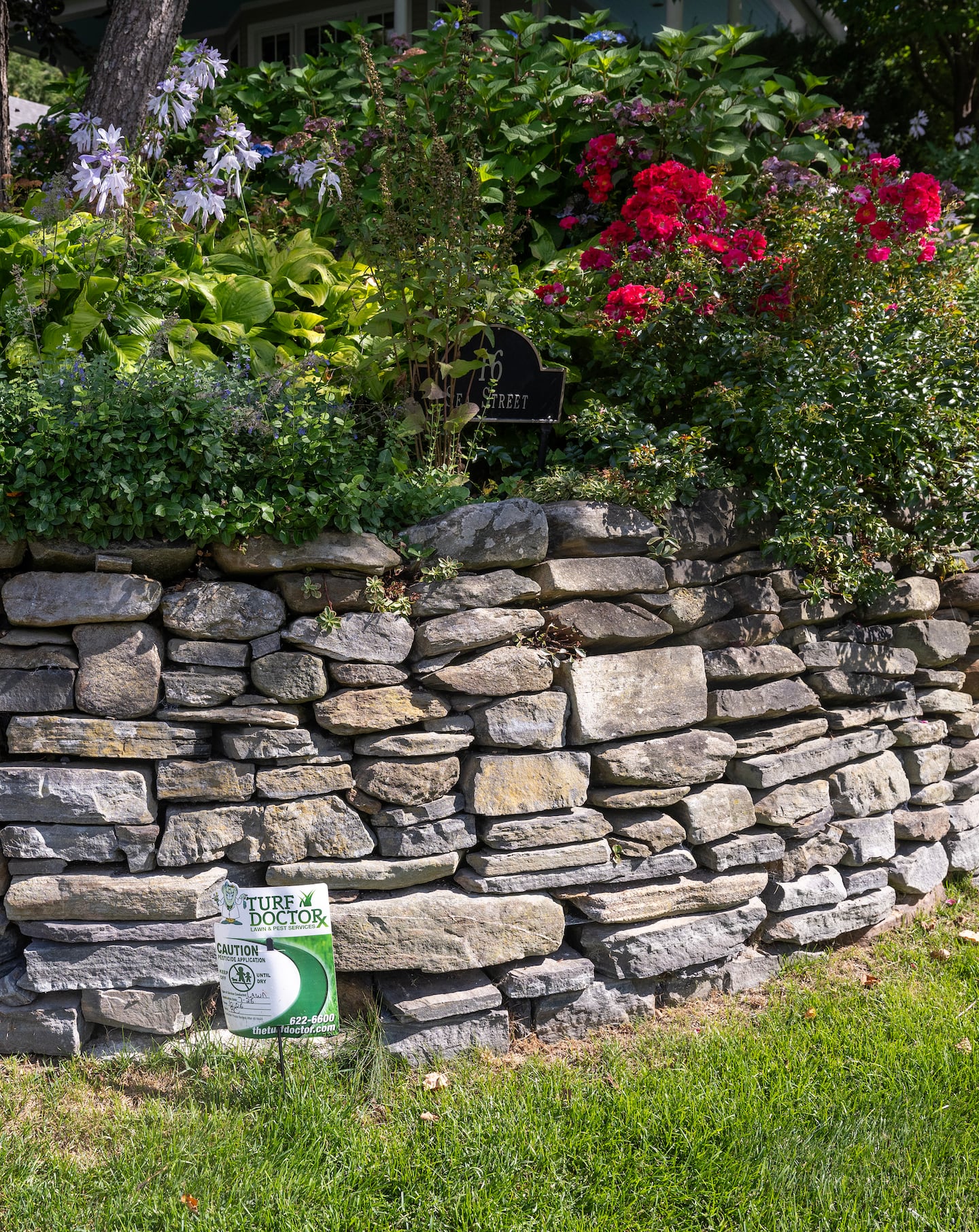 A pesticide sign marks a lawn on Sea Street in Camden, Maine on Thursday, August 22, 2024.