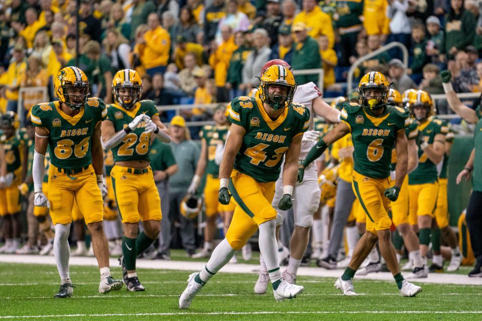 FARGO, NORTH DAKOTA - OCTOBER 29: Logan Kopp #43 of the North Dakota State Bison celebrates after play against the Illinois State Redbirds at FARGODOME on October 29, 2022 in Fargo, North Dakota. (Photo by Sean Arbaut/Getty Images)