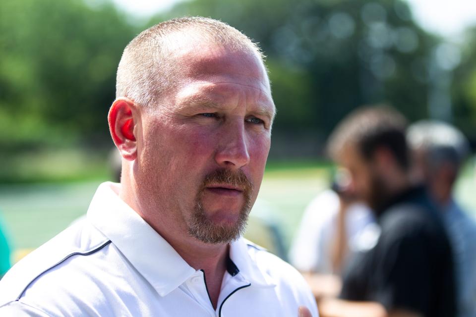 Iowa offensive line coach Tim Polasek talks with reporters during Hawkeyes football media day, Friday, Aug. 9, 2019, at the University of Iowa outdoor practice facility in Iowa City, Iowa.

190809 Media Day 013 Jpg