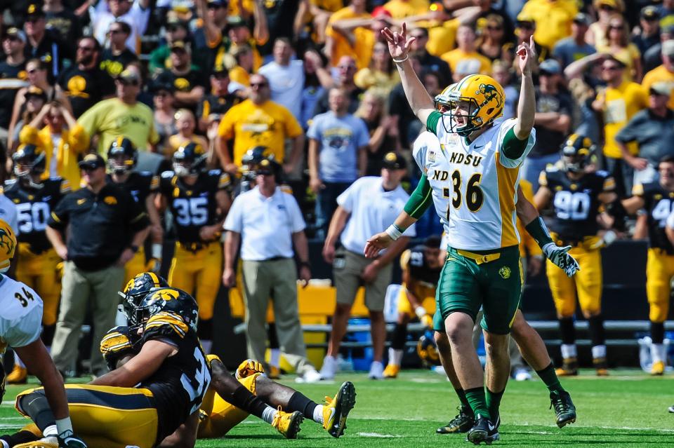 Sep 17, 2016; Iowa City, IA, USA; North Dakota State Bison place kicker Cam Pedersen (36) reacts after his winning kick during the game against the Iowa Hawkeyes at Kinnick Stadium. North Dakota State won 23-21. Mandatory Credit: Jeffrey Becker-USA TODAY Sports