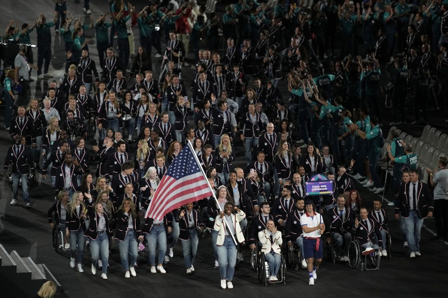 The United States athletes parade during the Opening Ceremony for the 2024 Paralympics, Wednesday, Aug. 28, 2024, in Paris, France. 