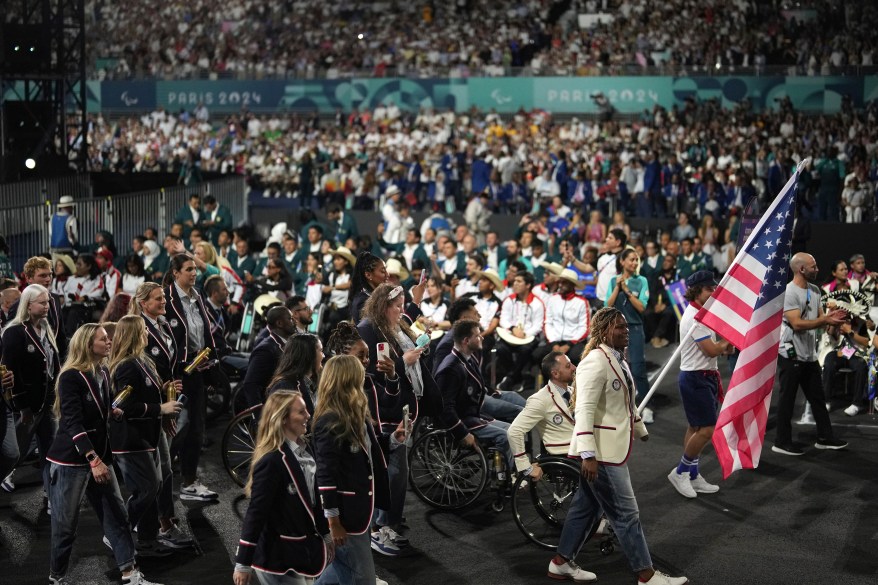 The United States athletes parade during the Opening Ceremony for the 2024 Paralympics, Wednesday, Aug. 28, 2024, in Paris, France. 