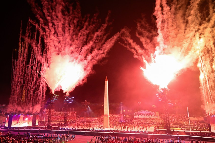 fireworks during the Paris 2024 Paralympic Games Opening Ceremony at the Place de la Concorde with the Obelisque de Louxor.