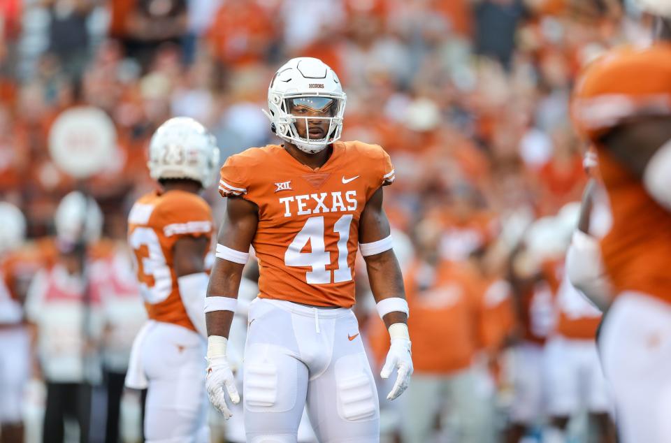 Oct 1, 2022; Austin, Texas, USA; Texas Longhorns linebacker Jaylan Ford (41) on the field during the first quarter against the West Virginia Mountaineers at Darrell K Royal-Texas Memorial Stadium. Mandatory Credit: Ben Queen-USA TODAY Sports