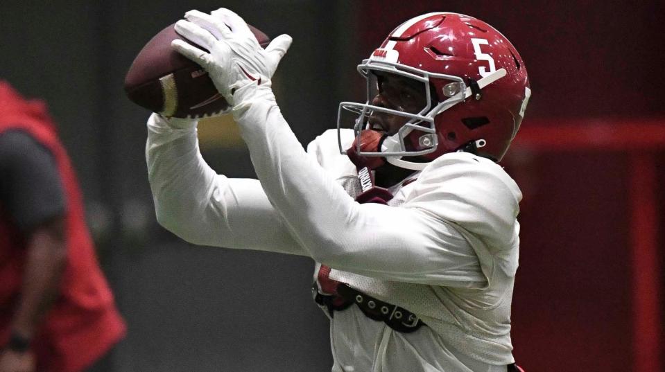 April 9, 2024; Tuscaloosa, Alabama, USA; Alabama wide receiver Germie Bernard (5) catches a pass during practice in the Hank Crisp Indoor Practice Facility at the University of Alabama.