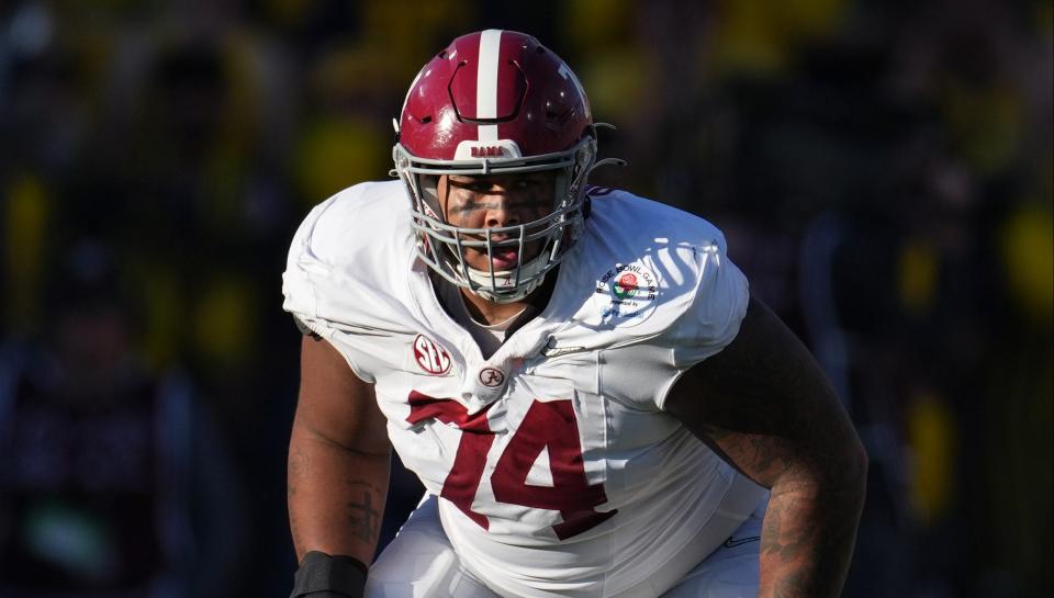 Jan 1, 2024; Pasadena, CA, USA; Alabama Crimson Tide offensive lineman Kadyn Proctor (74) looks on against the Michigan Wolverines during the first half in the 2024 Rose Bowl college football playoff semifinal game at Rose Bowl. Mandatory Credit: Kirby Lee-USA TODAY Sports