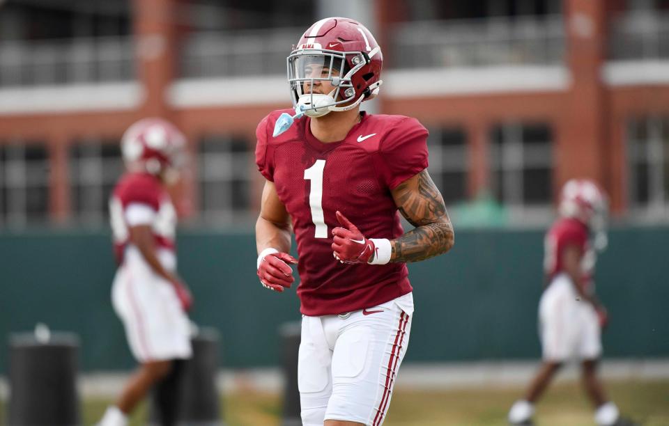 Mar 21, 2024; Tuscaloosa, Alabama, USA; Defensive back Domani Jackson jogs to a drill during practice at the University Alabama Thursday.