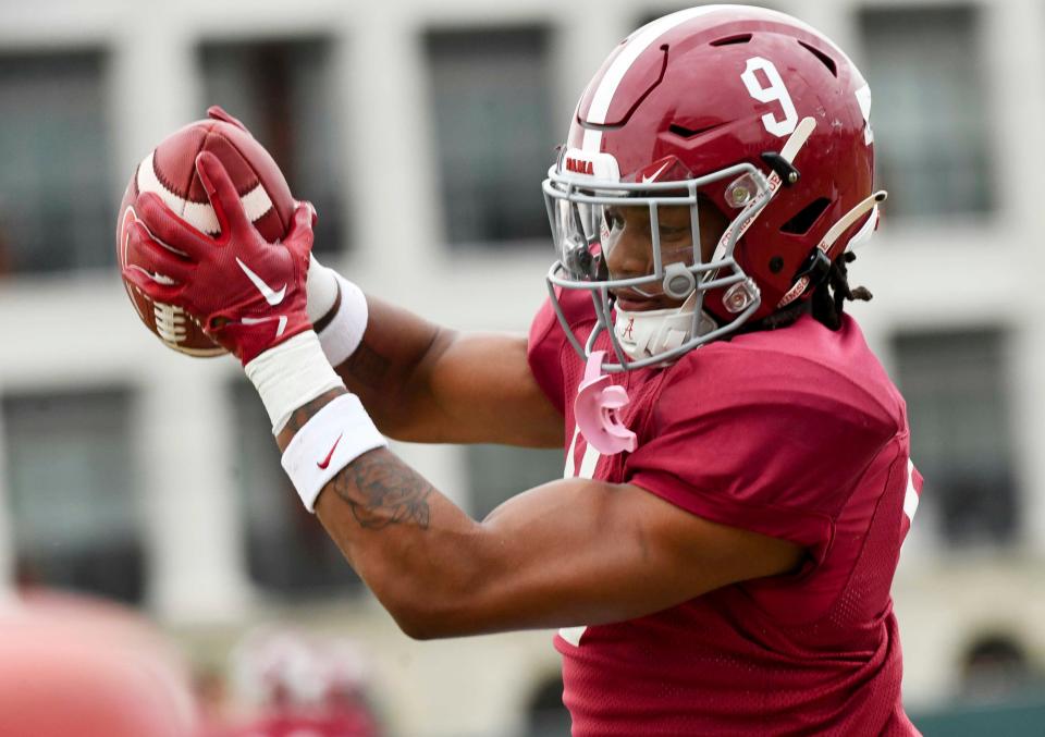 Mar 21, 2024; Tuscaloosa, Alabama, USA; Defensive back Jaylen Mbakwe snags a pass during practice at the University Alabama Thursday.