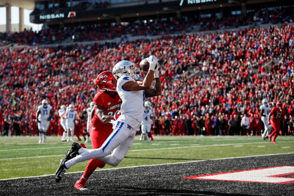 Kentucky wide receiver Dane Key made a touchdown catch in UK’s 38-31 upset of No. 9 Louisville last season.