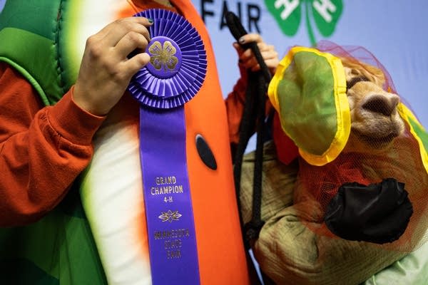 A girl holds her grand champion award