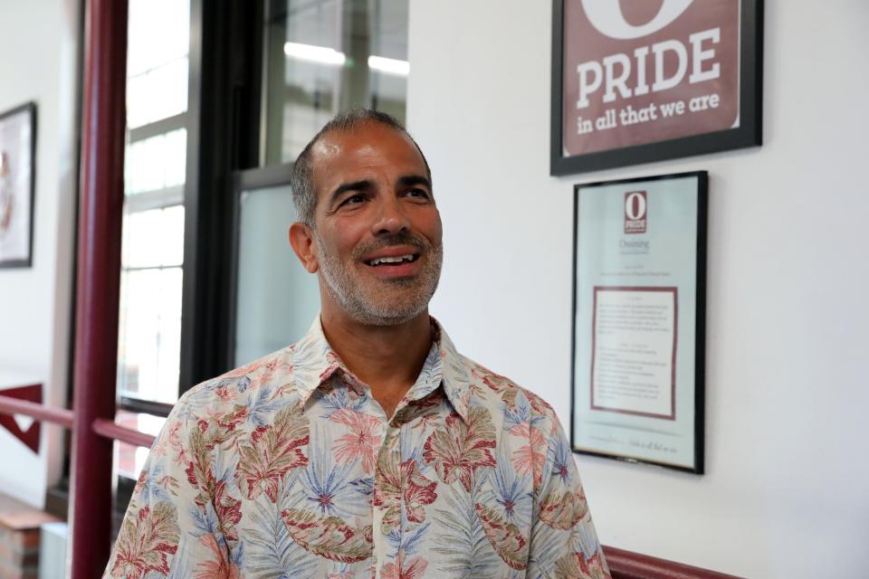 Rodrigo Vargas, director of the Ossining High School marching band, wears a Hawaiian shirt as he speaks about being invited to perform in the Pearl Harbor Memorial Parade in Hawaii at Ossining High School Aug. 28, 2024. 