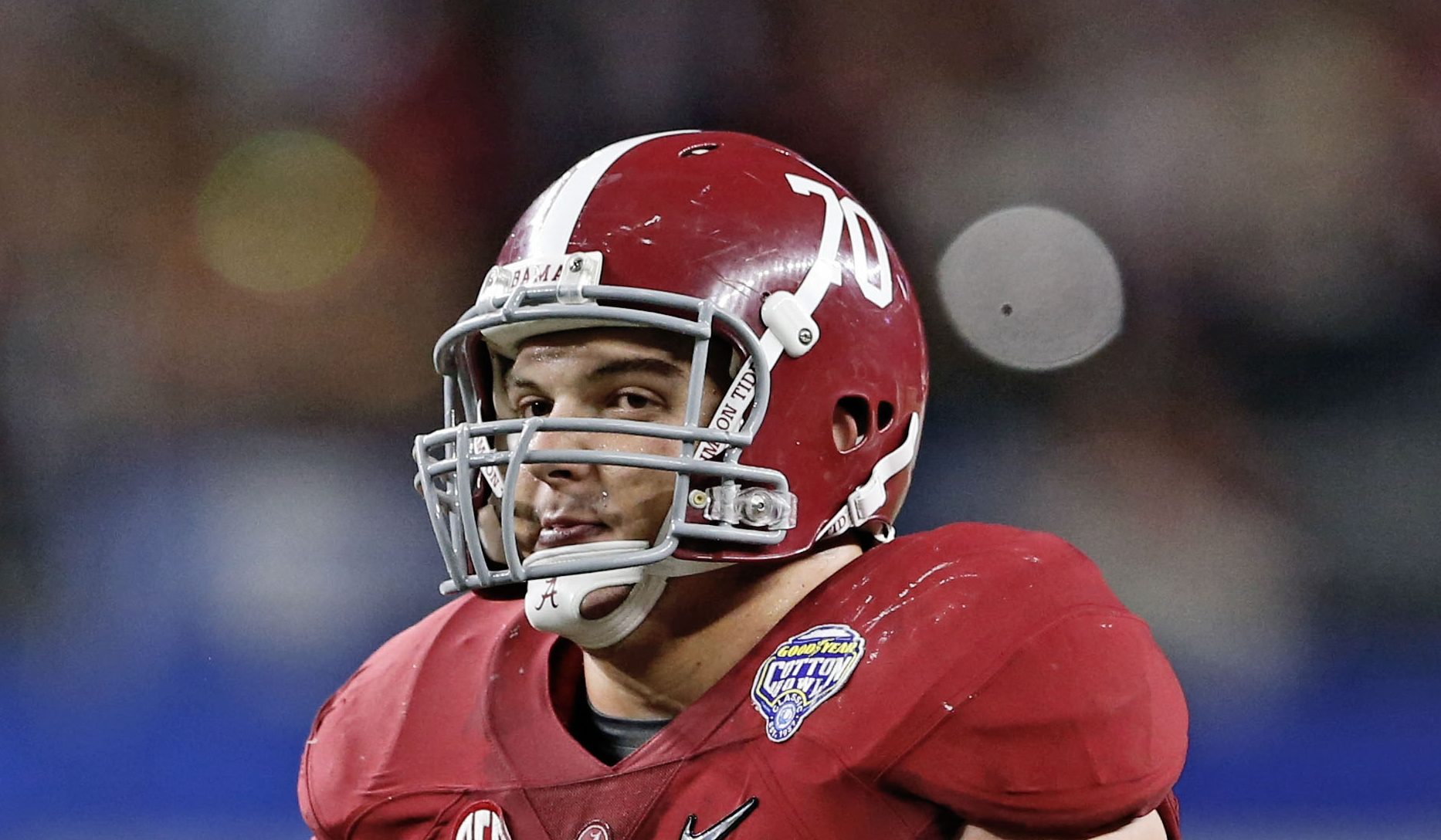 Dec 31, 2015; Arlington, TX, USA; Alabama Crimson Tide offensive lineman Ryan Kelly (70) in action during the game against the Michigan State Spartans in the 2015 CFP semifinal at the Cotton Bowl at AT&T Stadium. Mandatory Credit: Kevin Jairaj-USA TODAY Sports