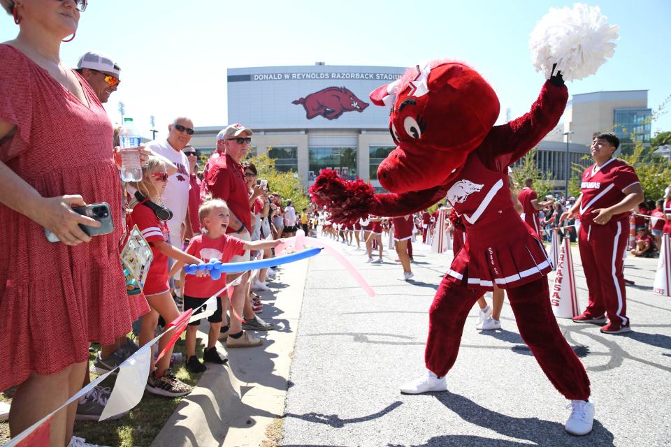 Arkansas Razorbacks mascot entertains fans - Nelson Chenault-USA TODAY Sports