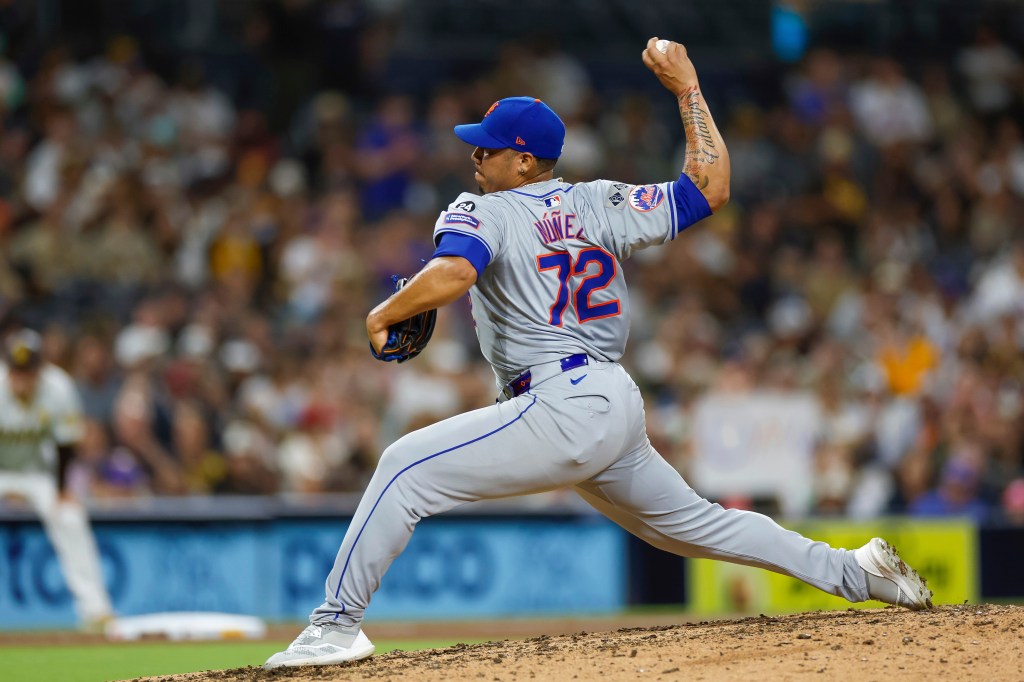 New York Mets relief pitcher Dedniel Nunez throws during the ninth inning of a baseball game against the San Diego Padres, Saturday, Aug. 24, 2024.