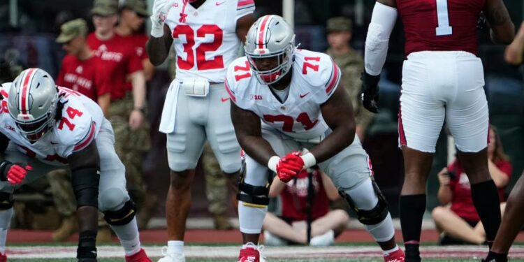 Sep 2, 2023; Bloomington, Indiana, USA; Ohio State Buckeyes offensive lineman Josh Simmons (71) lines up during the NCAA football game at Indiana University Memorial Stadium. Ohio State won 23-3.