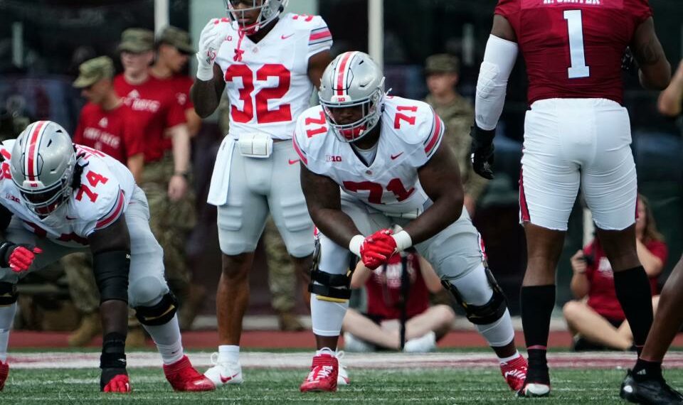 Sep 2, 2023; Bloomington, Indiana, USA; Ohio State Buckeyes offensive lineman Josh Simmons (71) lines up during the NCAA football game at Indiana University Memorial Stadium. Ohio State won 23-3.