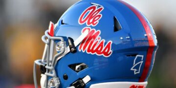 Oct 12, 2019; Columbia, MO, USA; A general view of a Mississippi Rebels helmet during the game against the Missouri Tigers at Memorial Stadium/Faurot Field. Mandatory Credit: Denny Medley-USA TODAY Sports