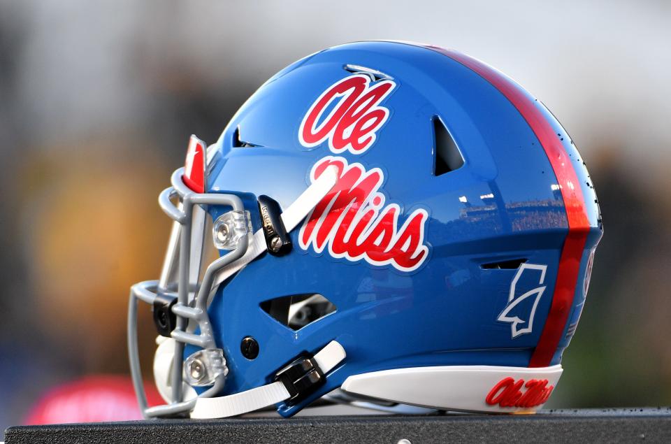 Oct 12, 2019; Columbia, MO, USA; A general view of a Mississippi Rebels helmet during the game against the Missouri Tigers at Memorial Stadium/Faurot Field. Mandatory Credit: Denny Medley-USA TODAY Sports