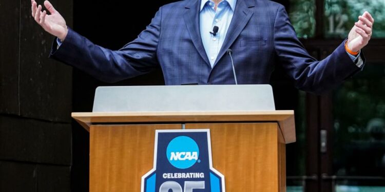 President of the NCAA, Charlie Baker speaks during a press conference celebrating the 25 year anniversary of the NCAA moving its national office to Indianapolis on Tuesday, Aug. 13, 2024, at the NCAA Headquarters in Indianapolis.