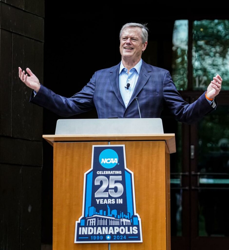 President of the NCAA, Charlie Baker speaks during a press conference celebrating the 25 year anniversary of the NCAA moving its national office to Indianapolis on Tuesday, Aug. 13, 2024, at the NCAA Headquarters in Indianapolis.