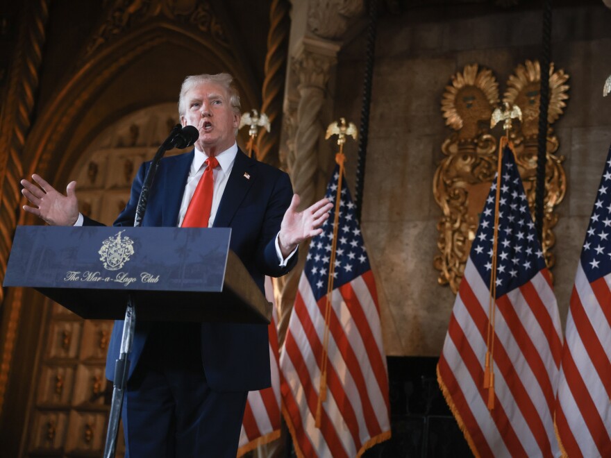 Trump speaks to the press at his Mar-a-Lago estate on Aug. 8 in Palm Beach, Fla.