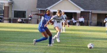 University of Northern Colorado forward Sunnie Yarnell, right, tries to get around an Air Force Academy defender during a women's soccer match Thursday, Aug. 15, 2024 at Jackson Stadium in Greeley. Yarnell is a freshman from Northridge High School and Greeley and she was in the Bears' starting lineup for her first collegiate match. (Courtesy/UNC Athletics, Dean Popejoy).