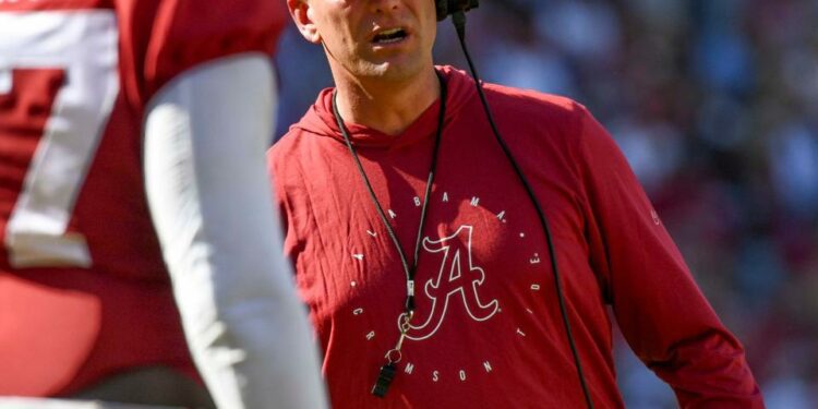 Apr 13, 2024; Tuscaloosa, AL, USA; Alabama head coach Kalen DeBoer coaches his team during the A-Day scrimmage at Bryant-Denny Stadium. Mandatory Credit: Gary Cosby Jr.-USA TODAY Sports