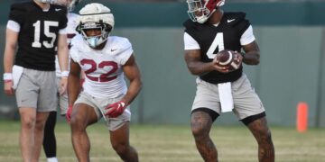 Tuscaloosa, Alabama, USA; Jalen Milroe turns to hand the ball off to Justice Haynes during practice for the Alabama Crimson Tide football team Wednesday.