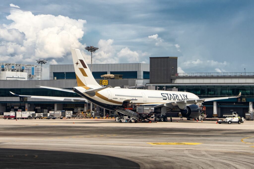 STARLUX Airlines Airbus A350-900 at Singapore Changi Airport SIN shutterstock_2230278035