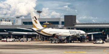 STARLUX Airlines Airbus A350-900 at Singapore Changi Airport SIN shutterstock_2230278035