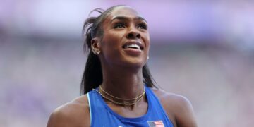 Alexis Holmes of Team United States reacts during the Women's 400m Round 1 on day ten of the Olympic Games Paris 2024 at Stade de France on August 05, 2024 in Paris, France.