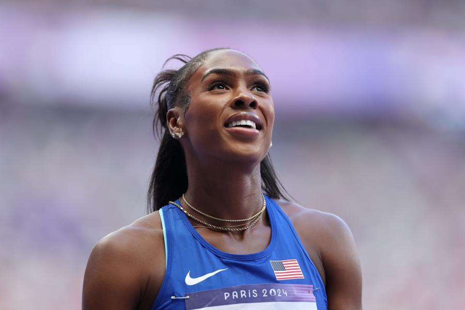 Alexis Holmes of Team United States reacts during the Women's 400m Round 1 on day ten of the Olympic Games Paris 2024 at Stade de France on August 05, 2024 in Paris, France.