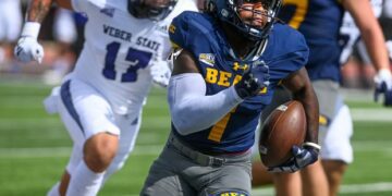 University of Northern Colorado running back David Afari turns on the speed as he runs for a touchdown against Weber State at Nottingham Field on Saturday Sept. 30, 2023.(Jim Rydbom/Staff Photographer)