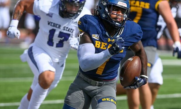 University of Northern Colorado running back David Afari turns on the speed as he runs for a touchdown against Weber State at Nottingham Field on Saturday Sept. 30, 2023.(Jim Rydbom/Staff Photographer)