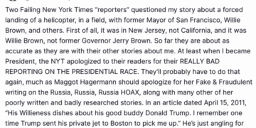 Donald Trump attacks the New York Times' coverage of his helicopter story involving former San Francisco Mayor Willie Brown in a Truth Social post.