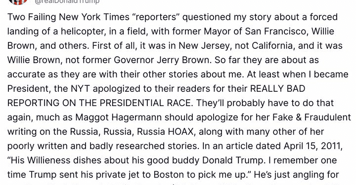 Donald Trump attacks the New York Times' coverage of his helicopter story involving former San Francisco Mayor Willie Brown in a Truth Social post.