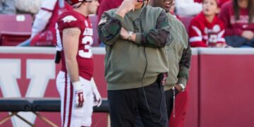 Nov 11, 2023; Fayetteville, Arkansas, USA; Arkansas Razorbacks head coach Sam Pittman looks on during the first quarter against the Auburn Tigers at Donald W. Reynolds Razorback Stadium. Auburn won 48-10. Mandatory Credit: Brett Rojo-USA TODAY Sports