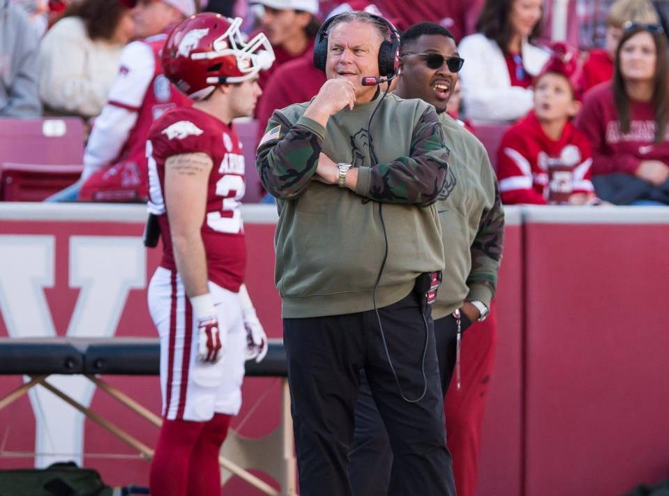 Nov 11, 2023; Fayetteville, Arkansas, USA; Arkansas Razorbacks head coach Sam Pittman looks on during the first quarter against the Auburn Tigers at Donald W. Reynolds Razorback Stadium. Auburn won 48-10. Mandatory Credit: Brett Rojo-USA TODAY Sports