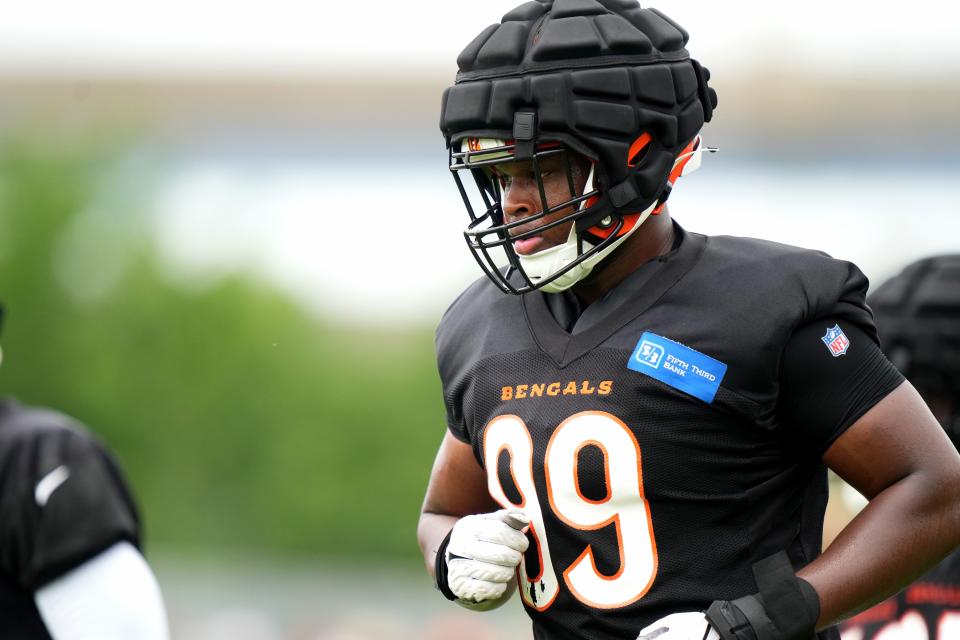 Jul 28, 2023; Cincinnati, Ohio, USA; Cincinnati Bengals defensive end Myles Murphy (99) jogs between drills during training camp at the practice fields next to Paycor Stadium. Mandatory Credit: Kareem Elgazzar/The Cincinnati Enquirer-USA TODAY Sports