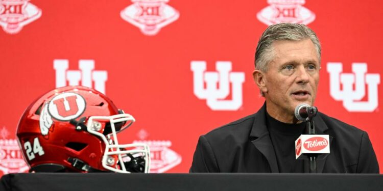 Jul 9, 2024; Las Vegas, NV, USA; Utah Utes head coach Kyle Whittingham speaks to the media during the Big 12 Media Days at Allegiant Stadium. Mandatory Credit: Candice Ward-USA TODAY Sports